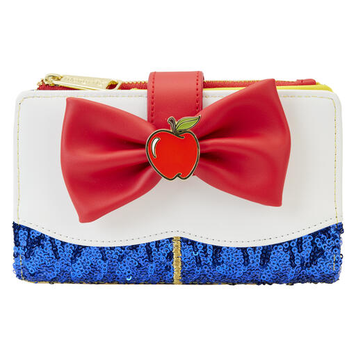 Blue and yellow sequin wallet inspired by Snow White's dress with a white appliqué collar and red bow on the front with an apple charm in the center